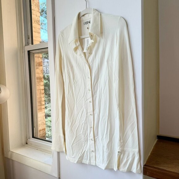 NWT Eterne Sloane Mini Jersey Shirt Dress Long Sleeve Matte Jersey Cream Small - Picture 2 of 8